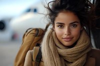 Young mixed race woman in beige knit scarf with windswept hair smiling at camera, airplane in blurred background, travel lifestyle portrait outdoors.