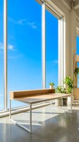 Modern minimalist workspace with wooden desk and metal frame positioned near floor-to-ceiling windows overlooking clear blue sky, featuring potted green plants and concrete flooring for contemporary office or home design inspiration.