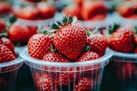Fresh ripe strawberries in transparent plastic containers at farmers market, showcasing vibrant red color and natural texture.