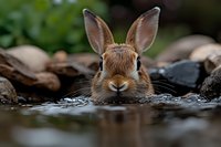 Wild rabbit swimming in natural pond with stones, cute bunny head above water surface in outdoor wildlife habitat.