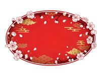 Red oval frame with cherry blossoms, falling petals and golden clouds on traditional Asian background for festive designs and cultural celebrations.