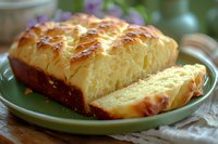 Freshly baked brioche bread loaf with golden brown crust, sliced to show soft yellow interior crumb texture, served on green ceramic plate with natural lighting.