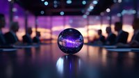Crystal ball reflecting purple neon lights in modern conference room with blurred business people silhouettes for corporate presentations and meetings.