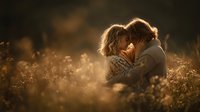 Romantic couple embracing in golden sunset light among wildflowers, intimate moment of love and connection in warm natural outdoor setting.