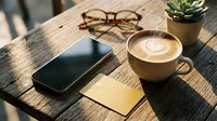 Smartphone, gold credit card, latte art coffee cup, glasses, and succulent on rustic wooden table in cozy cafe setting.