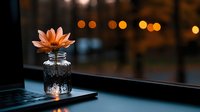 Single orange lotus flower in glass jar on laptop keyboard against evening window with bokeh lights, creating peaceful minimalist workspace atmosphere.