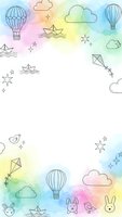 Watercolor rainbow background with line art hot air balloons, clouds, kites, stars and cute animals for children designs and nursery decor.