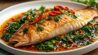 Grilled whole fish with herbs and chili peppers in savory sauce on white plate. Fresh seafood dish with green vegetables for restaurant menu and cooking.