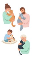 Happy pet owners cuddling cats showing love and affection between humans and feline companions in cozy domestic moments for pet care designs.