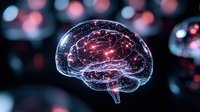Glowing translucent brain with neural connections on dark background with red bokeh lights, representing artificial intelligence, consciousness and mind power.
