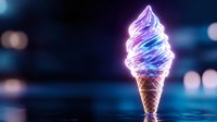 Glowing neon ice cream cone with swirled soft serve illuminated against dark blue bokeh background, magical frozen dessert with ethereal purple and blue light effects.