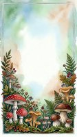 Watercolor forest frame with mushrooms, ferns, berries, and wildflowers, featuring a blank center space for text or design.