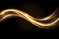 Glowing golden wave with sparkling particles flows smoothly across dark background creating magical light trail effect for luxury designs and celebrations.