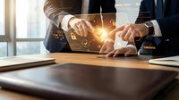 Business professionals using digital tablet with cybersecurity icons and data protection symbols in modern office environment for technology solutions.