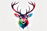 Colorful deer head with rainbow watercolor effect and antlers on white background, artistic wildlife illustration for modern wall art and apparel design.