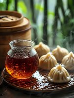 Steaming dumplings and hot tea served on wooden tray with bamboo steamer in background, creating authentic Asian dining atmosphere.