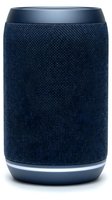 Portable wireless speaker with navy fabric wrap and metallic trim, isolated on white background ready for product design and marketing use.