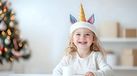 Happy blonde girl wearing unicorn headband smiling at camera in cozy Christmas living room with decorated tree and warm bokeh lights creating festive atmosphere.