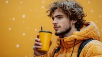 Young man with curly hair in yellow winter jacket holding takeaway drink against vibrant yellow wall while snow falls, creating monochromatic seasonal mood.