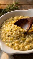 Creamy risotto with saffron and fresh herbs in white bowl with wooden spoon, ready for serving or cooking content.