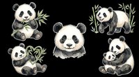 Cute panda bears in various poses with bamboo leaves, isolated on transparent background. Ready for t-shirts, stickers, clipart, sublimation and print-on-demand designs.