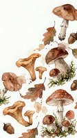 Watercolor autumn mushrooms with oak leaves and acorns on white background. Forest fungi collection with chanterelles and toadstools for seasonal designs.