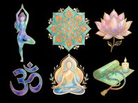 Watercolor yoga and meditation clipart set with om symbol, lotus, mandala, meditating figure, yoga mat and mala beads, isolated on transparent background for stickers, sublimation, t-shirt design.