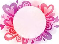 Pink and purple hearts with decorative swirls surrounding empty circle frame for romantic design projects and Valentine's Day celebrations.