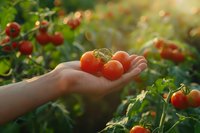 Fresh organic cherry tomatoes in farmer's hand against sunlit garden background, perfect for healthy lifestyle, agriculture and farm-to-table concepts.