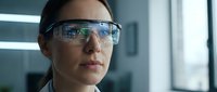 Female scientist wearing smart glasses with digital interface display in modern laboratory environment for technology research and development.