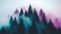 Mystical forest silhouettes in turquoise and purple hues with fog creating dreamy atmosphere, pine trees standing against misty background for nature designs.