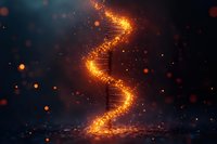 Glowing DNA helix structure formed by golden particles against dark background with bokeh effect, representing genetic science and biotechnology.