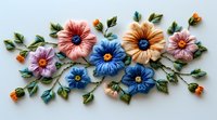 Colorful handmade felt flowers arrangement on white background, featuring blue, coral, and pink blooms with green leaves, perfect for craft projects and decorative design elements.