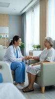 Female Asian healthcare professional in white coat and stethoscope consulting with elderly female patient in modern medical office, holding hands during compassionate care discussion.