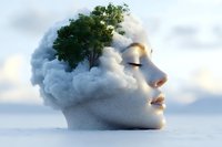Surreal profile view of woman's face merged with dreamy cloudscape and growing tree, representing mind growth, meditation and inner peace. Creative digital art concept.