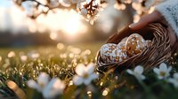 Easter eggs with floral pattern in natural woven nest held against sunset meadow with white spring flowers and magical bokeh lights in golden hour atmosphere.