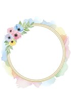 Watercolor floral circular frame with pastel flowers, greenery, and gold double-line border on white background. Isolated design element for invitations, cards, and branding projects.