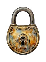 Ornate vintage padlock with decorative brass face and weathered metal arch, isolated on white background for design and clipart use.