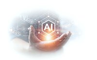 Hand holding glowing AI hexagon symbol with digital network connections and data visualization elements for technology and artificial intelligence concepts.