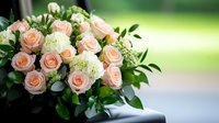 Fresh peach and white roses bouquet with green foliage arranged on blurred natural background, elegant floral arrangement for wedding or special occasion celebration.