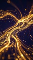 Golden light trails flowing through dark space with glowing particles and bokeh effects creating dynamic energy waves for digital art and technology concepts.
