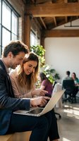 Man and woman collaborating on laptop in modern office space with exposed wooden beams, natural light, and colleagues in background. Suitable for business, teamwork, and corporate communications.