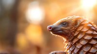 Pangolin in profile with golden sunlight creating warm bokeh background, showcasing its distinctive scaled armor and curious expression.