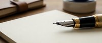 Elegant fountain pen resting on blank notebook, ink well and book in background, classic writing setup for business, education, and creativity concepts.