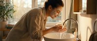 Young woman with dark hair and medium skin tone washing hands at kitchen sink with running water, wearing casual brown shirt, morning routine and hygiene concept.