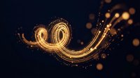 Golden light trails creating elegant swirls and curves with sparkling particles and bokeh effects on dark background for luxury design projects.