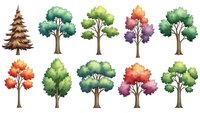 Watercolor tree collection with seasonal foliage in various colors isolated on white background for nature design projects and botanical illustrations.