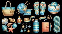 Nautical summer craft clipart set isolated on transparent background, featuring beach bag, yarn, flip flops, shells, and sewing tools for t-shirt design.