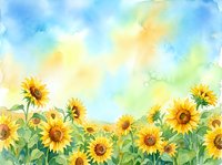 Watercolor sunflower field with bright yellow blooms against soft blue sky background for summer designs and nature artwork.