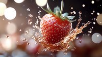 Fresh ripe strawberry splashing in liquid with water drops and bokeh lights creating dynamic motion effect against dark background.